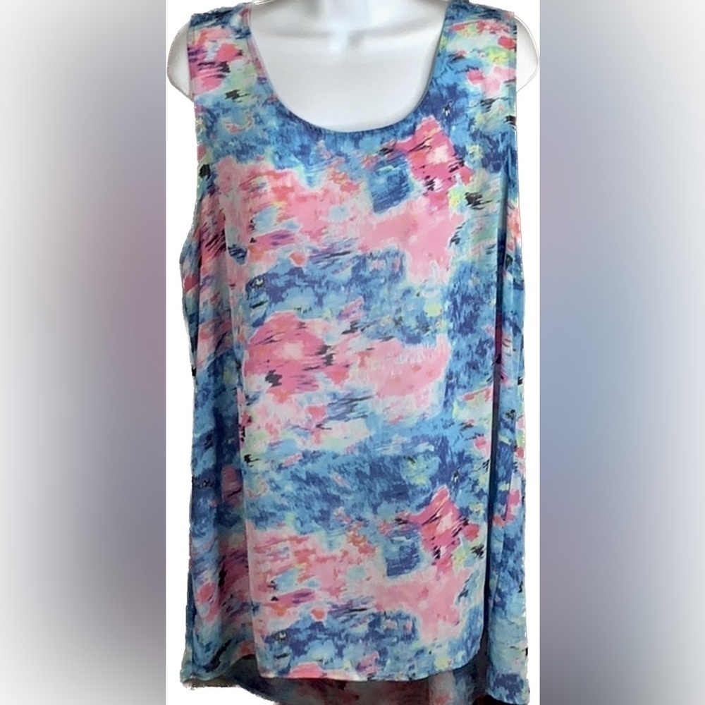 Tribal Jeans XL Top Gorgeous Modern Pink Blue Tank Blouse Shell Lightweight EUC